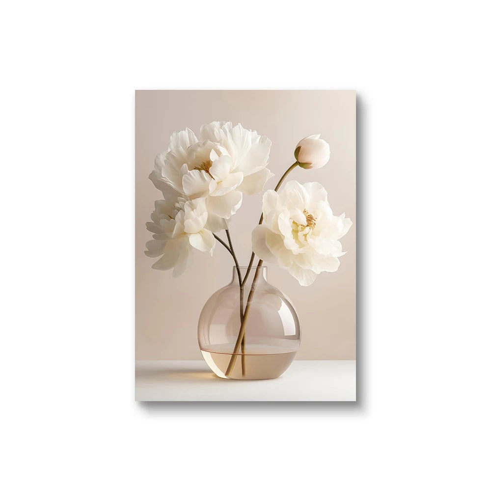 Frameless Beige Peony Canvas – Nordic Floral Wall Art