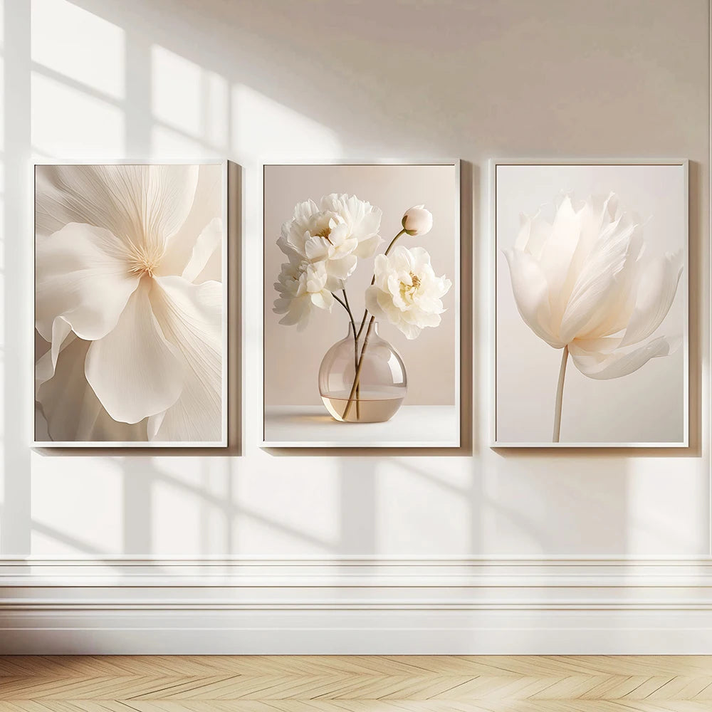 Frameless Beige Peony Canvas – Nordic Floral Wall Art