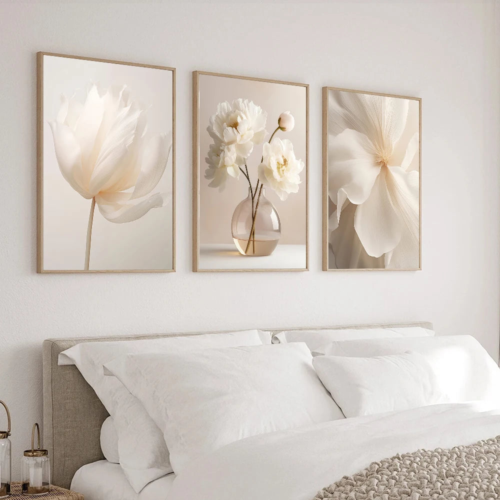 Frameless Beige Peony Canvas – Nordic Floral Wall Art