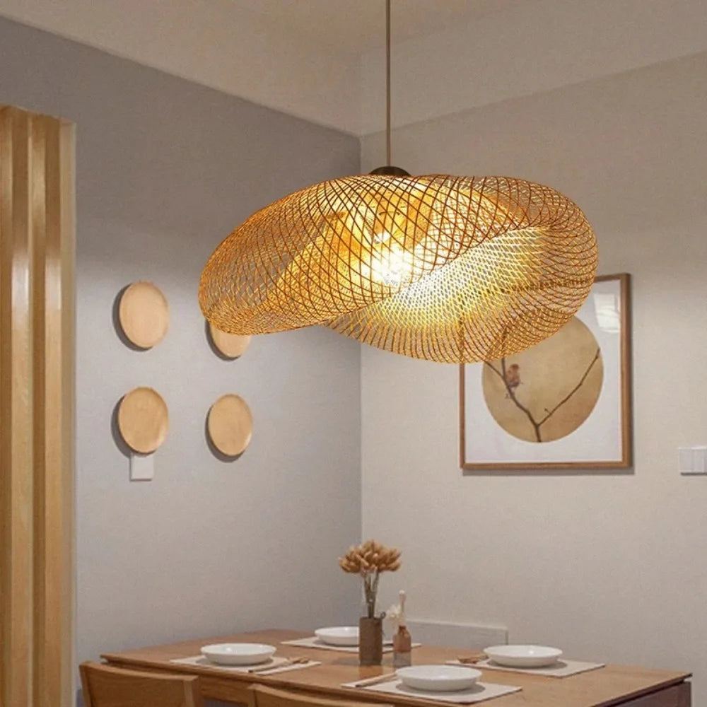 Bamboo Weaving LED Pendant Light – Handmade Vintage