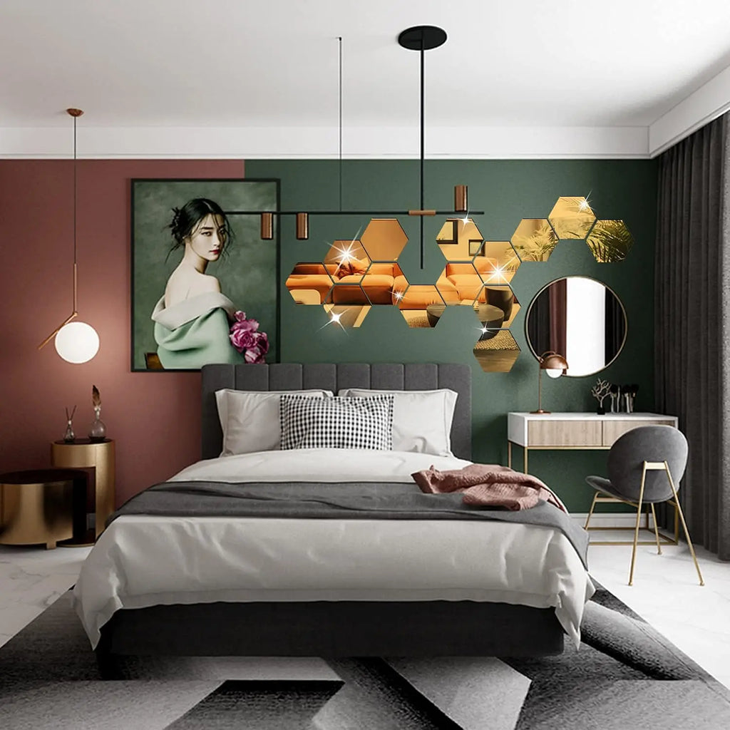 3D Hexagon Mirror Wall Stickers – Rose Gold