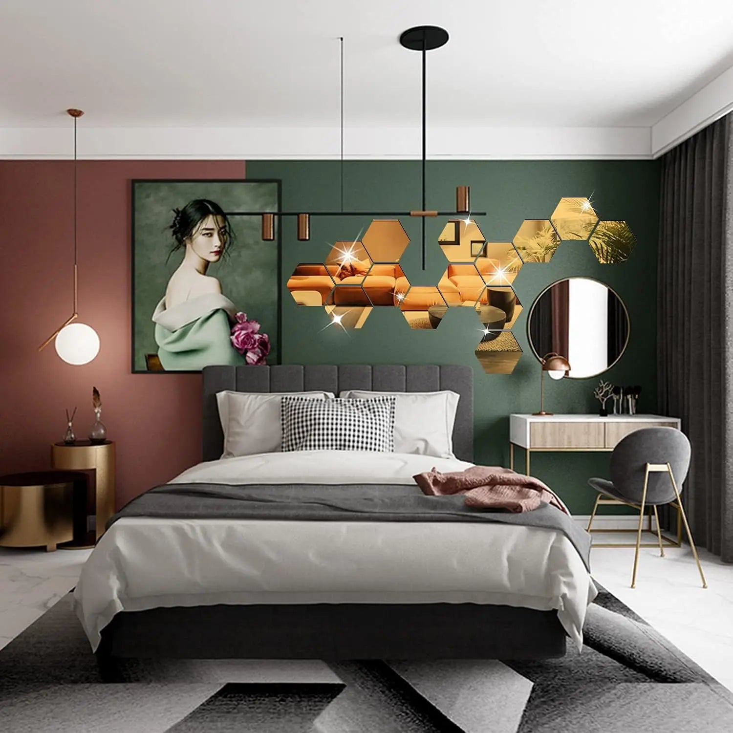 3D Hexagon Mirror Wall Stickers – Rose Gold
