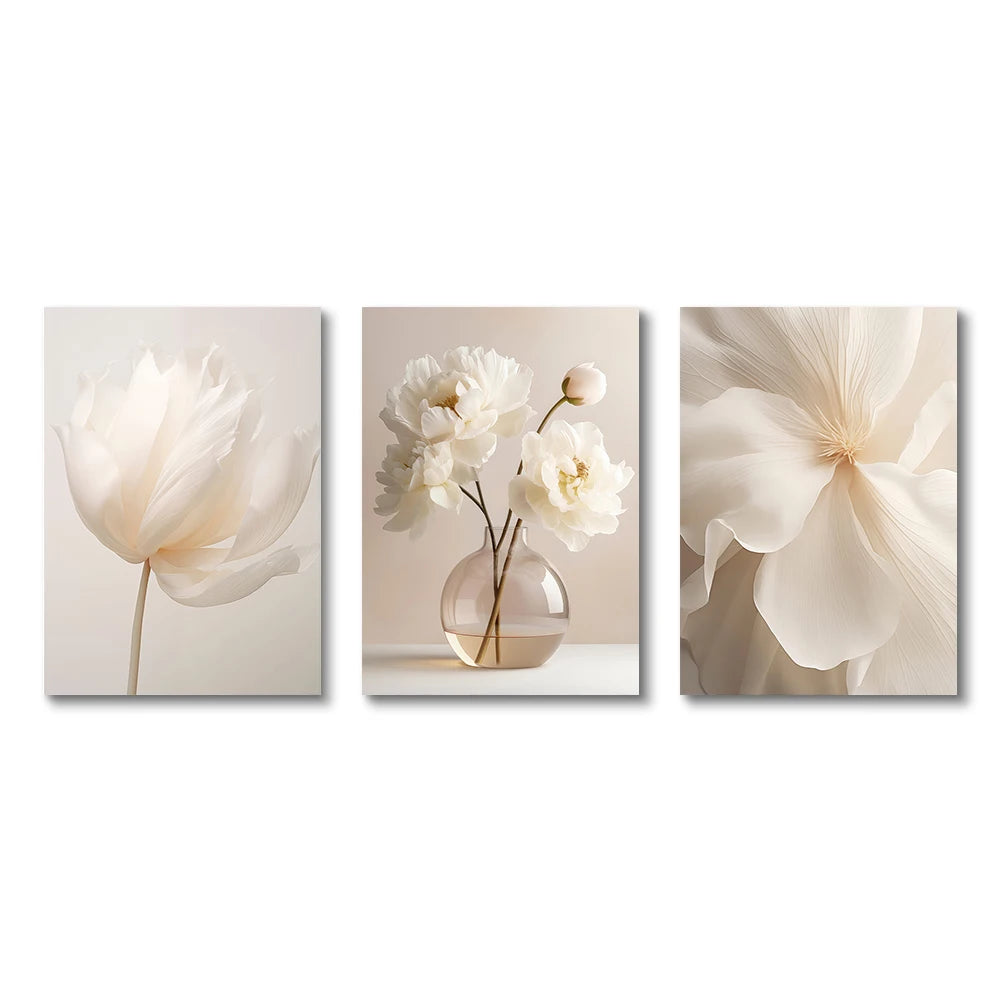Frameless Beige Peony Canvas – Nordic Floral Wall Art
