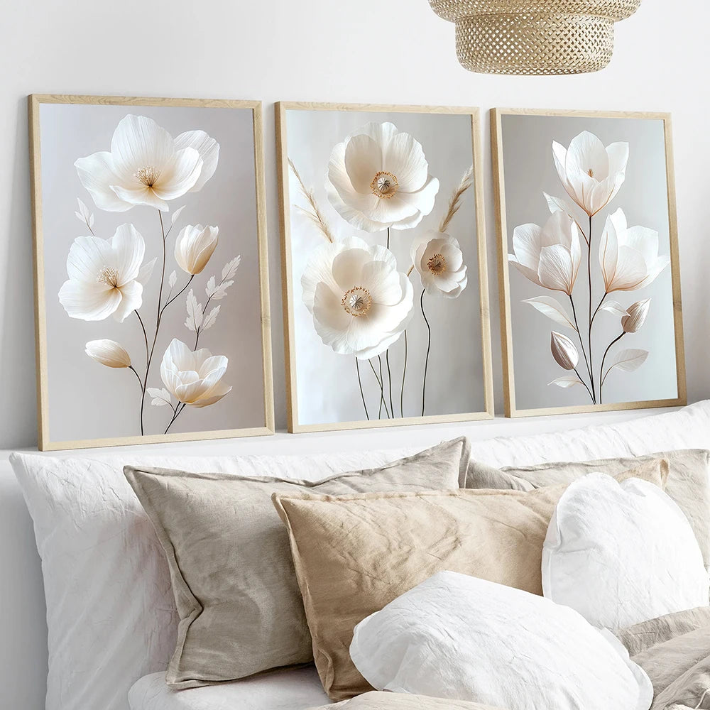 Frameless Beige Peony Canvas – Nordic Floral Wall Art