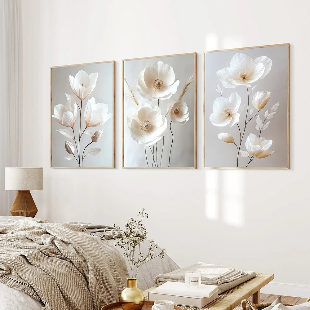 Frameless Beige Peony Canvas – Nordic Floral Wall Art